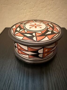 Hand-Painted Decorative Ceramic Trinket Box - Orange & Black Geometric Design